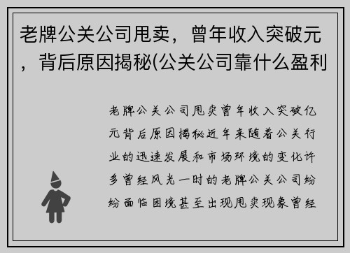 老牌公关公司甩卖，曾年收入突破元，背后原因揭秘(公关公司靠什么盈利)