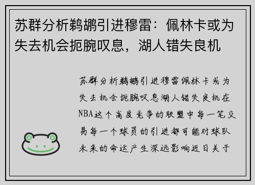 苏群分析鹈鹕引进穆雷：佩林卡或为失去机会扼腕叹息，湖人错失良机