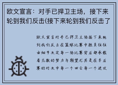 欧文宣言：对手已捍卫主场，接下来轮到我们反击(接下来轮到我们反击了)