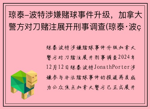 琼泰-波特涉嫌赌球事件升级，加拿大警方对刀赌注展开刑事调查(琼泰·波特)
