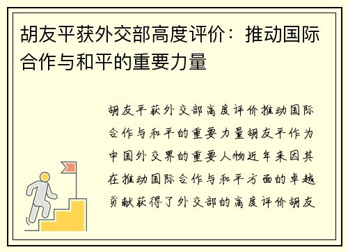 胡友平获外交部高度评价：推动国际合作与和平的重要力量