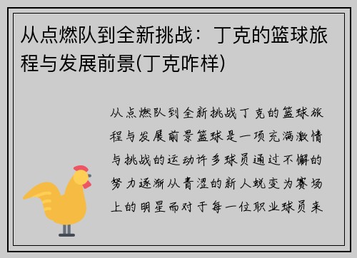 从点燃队到全新挑战：丁克的篮球旅程与发展前景(丁克咋样)