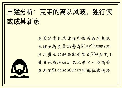 王猛分析：克莱的离队风波，独行侠或成其新家