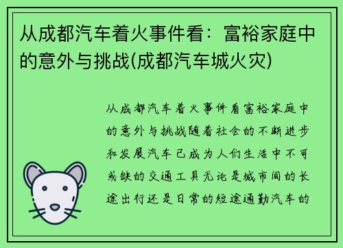 从成都汽车着火事件看：富裕家庭中的意外与挑战(成都汽车城火灾)